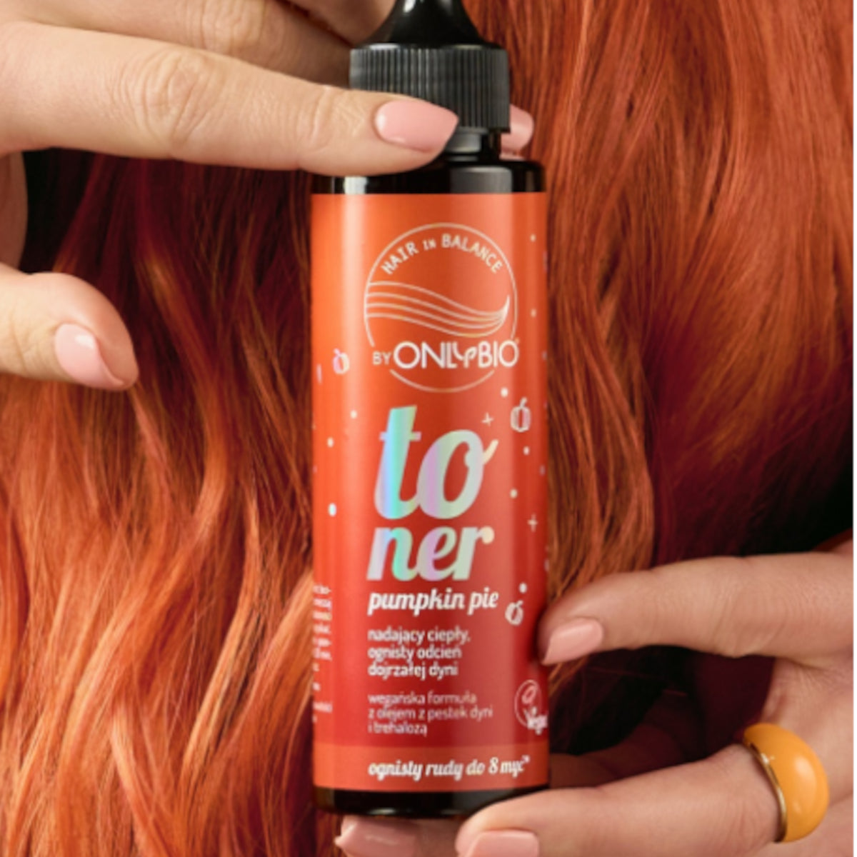 OnlyBio Hair Balance Hair Toner Pumpkin Pie - product and colour result shown on hair