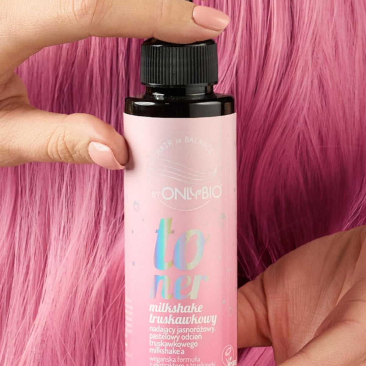 OnlyBio Hair Balance Hair Toner Strawberry Milkshake - product and colour result shown on hair