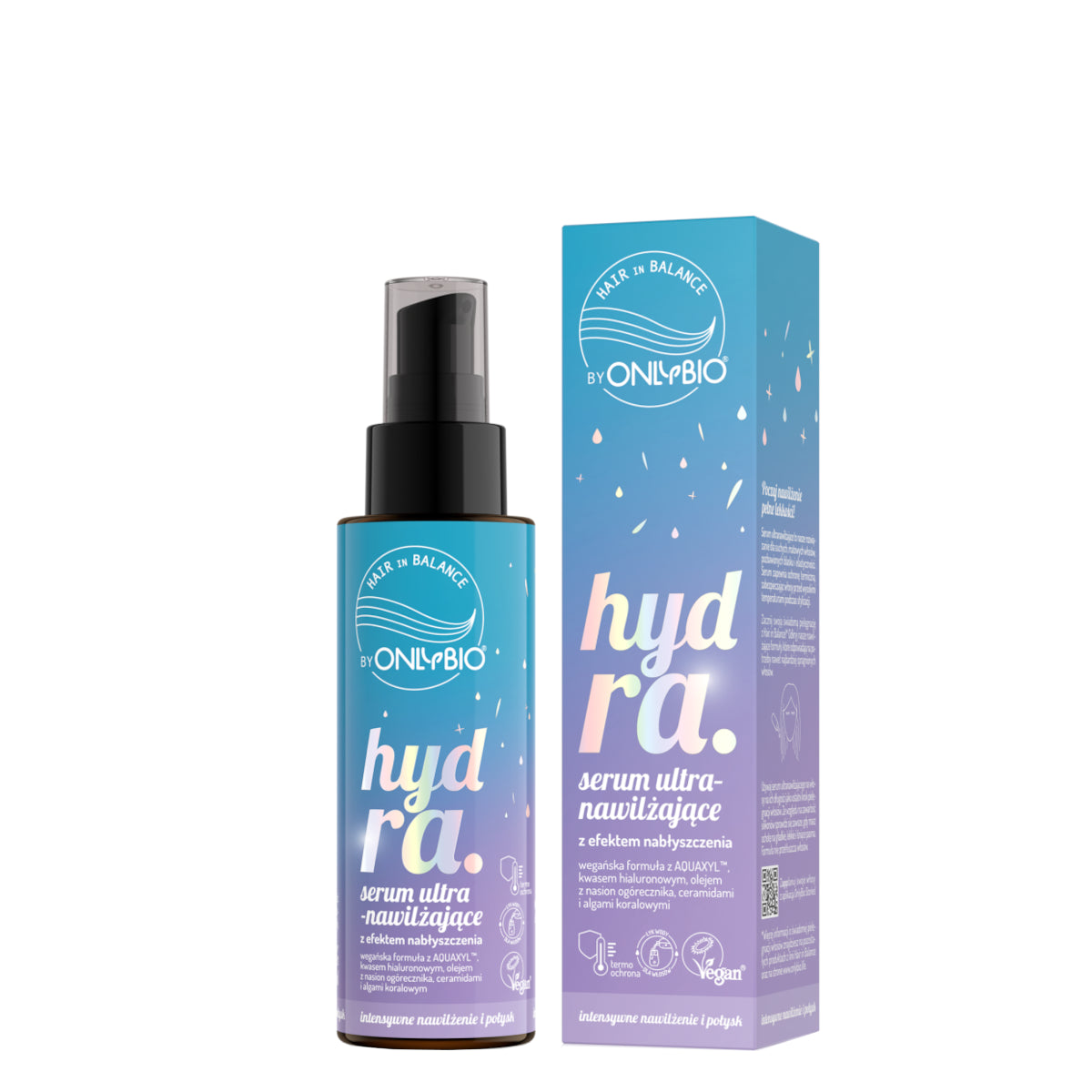 OnlyBio Hair Balance Hydra Ultra Moisturising Hair Serum Shine Effect - retail hair-care container isolated on a white background