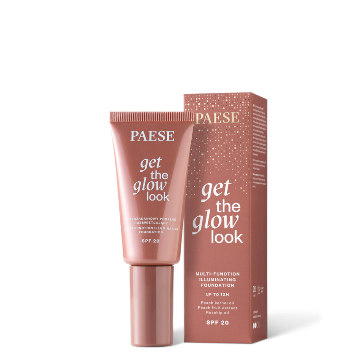 Paese Get The Glow Look Multi-Tasking Illuminating Foundation - foundation tube displayed over matching shade swatches