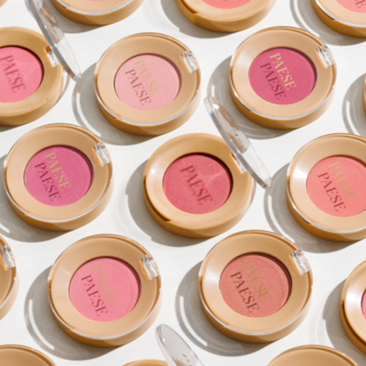 Paese Selfglow Cheek Blush - shade swatches shown beside the product