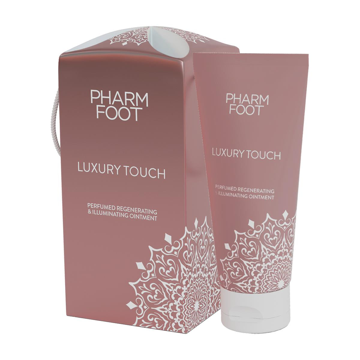Pharm Foot Luxury Touch cream tube beside its rose-gold gift box