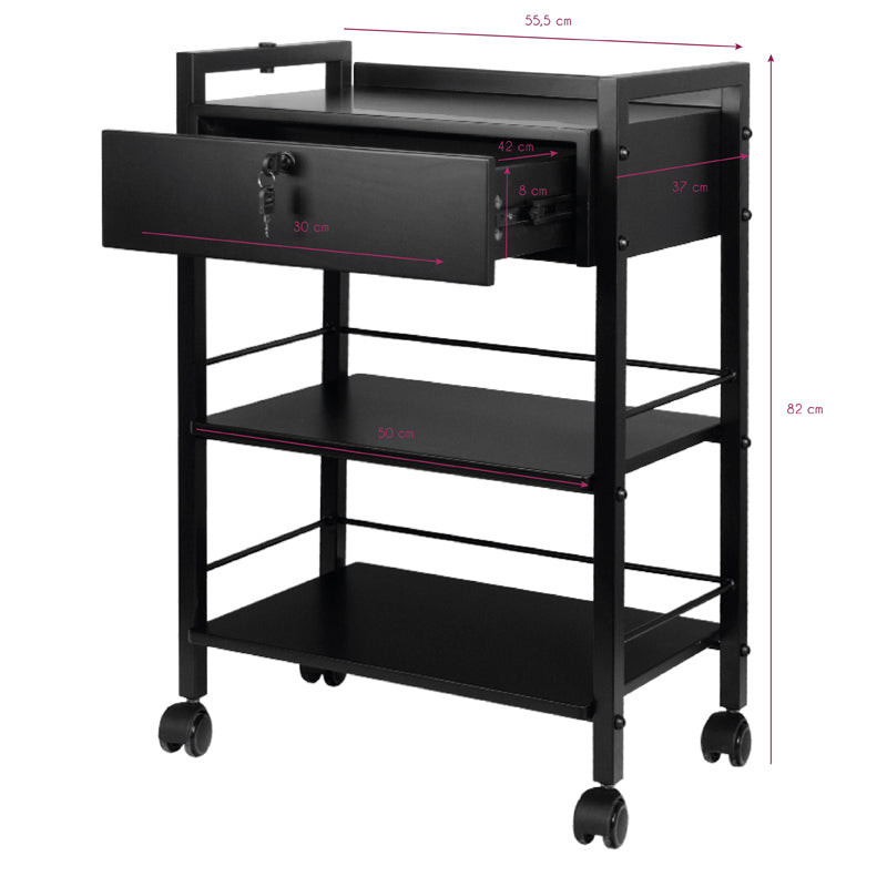 Pro Ink 1019A Tattoo Trolley Black - front view showing the storage and construction details
