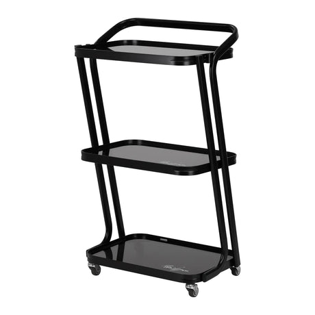 Pro Ink 6701 black tattoo trolley with three glass shelves, angled front view