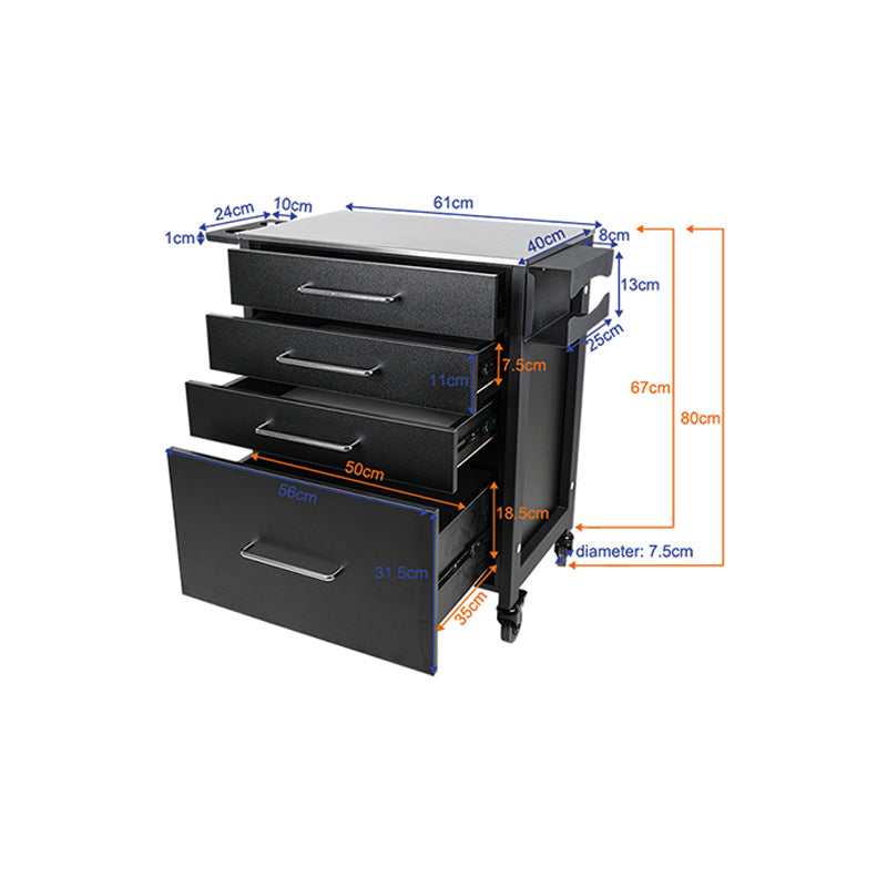 Pro Ink 702 Tattoo Trolley Black - front view showing the storage and construction details