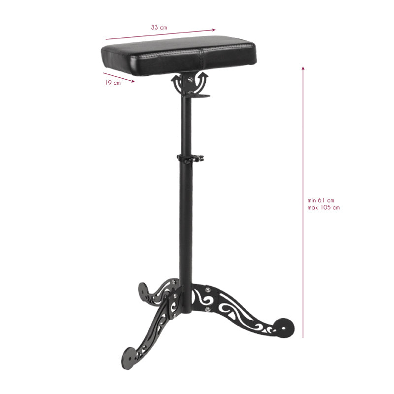 Pro Ink 709 Tattoo Armrest Black - height-adjustable tattoo armrest with measurements shown