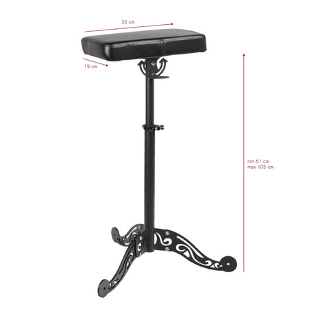 Pro Ink 709 Tattoo Armrest Black - height-adjustable tattoo armrest with measurements shown