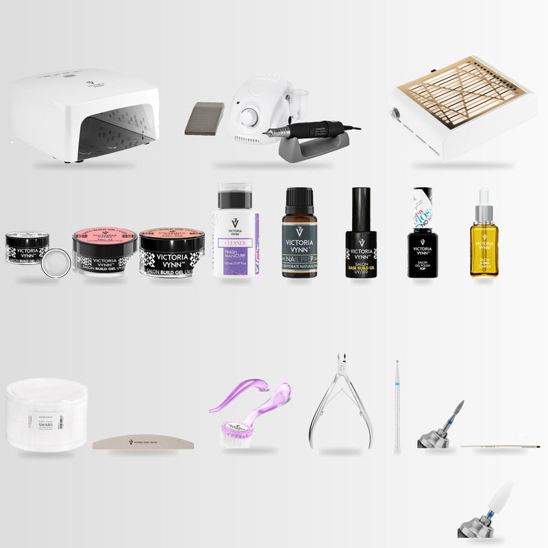 Professional Builder Gel Workstation 19-piece nail bundle with lamp, drill and dust collector, clean lineup view