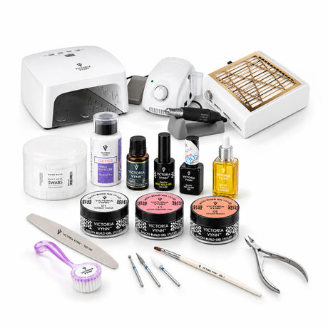 A nail art and manicure kit arranged on a white background, including a UV lamp, electric nail grinder, nail file, brush, cuticle tools, bottles of gel polish, and jars of press-on nails.