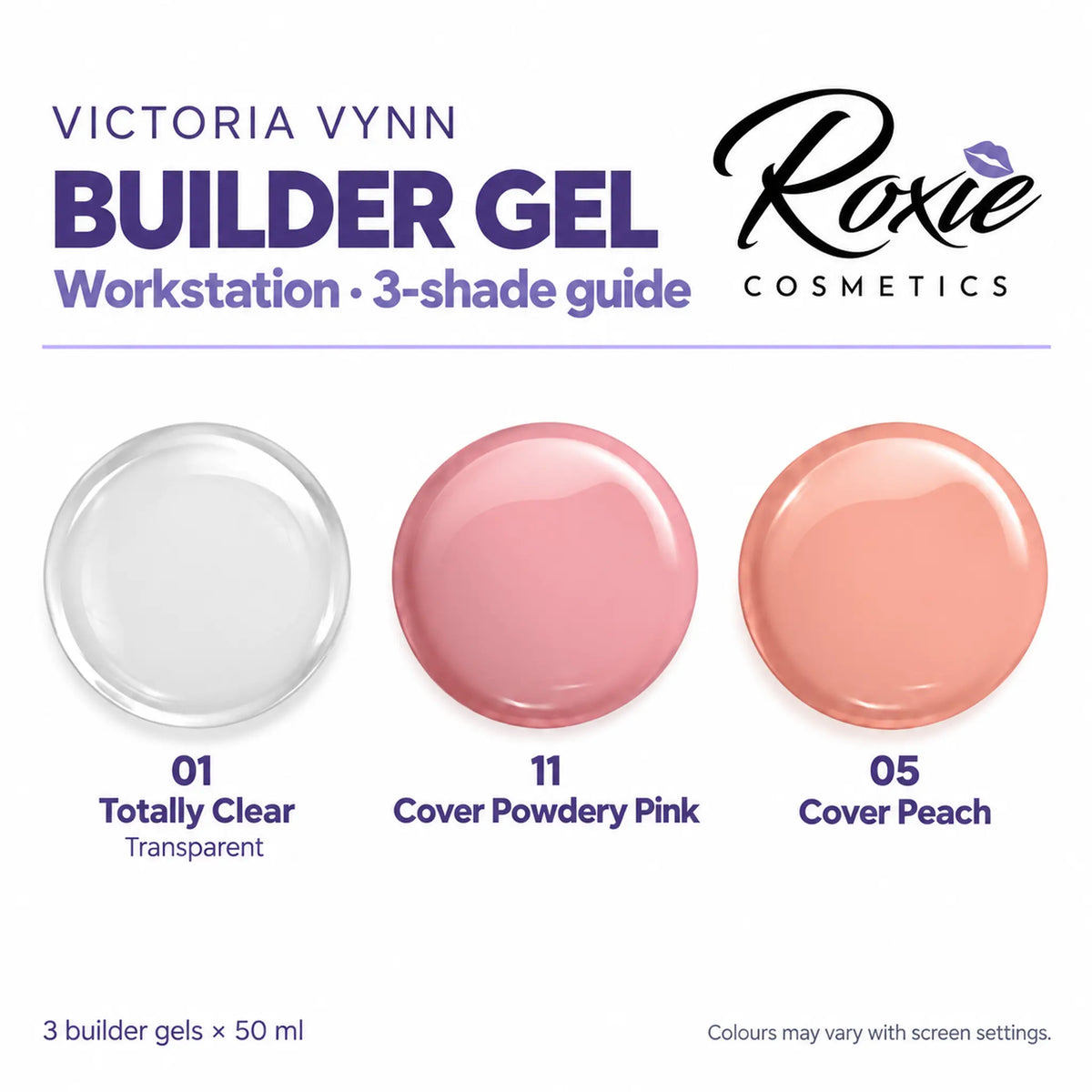 Victoria Vynn Builder Gel swatches for the Professional Builder Gel Workstation: 01 Totally Clear, 11 Cover Powdery Pink and 05 Cover Peach, 50 ml each.