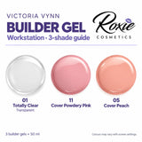 Victoria Vynn Builder Gel swatches for the Professional Builder Gel Workstation: 01 Totally Clear, 11 Cover Powdery Pink and 05 Cover Peach, 50 ml each.