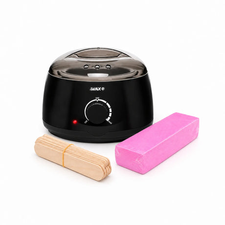 Professional waxing kit with black iWax 100 heater, 100 pink waxing strips and 50 wooden spatulas.
