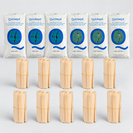 Six 1kg Quickepil hard wax packs, three Blue and three Green, with ten bundles of 50 large wooden spatulas.