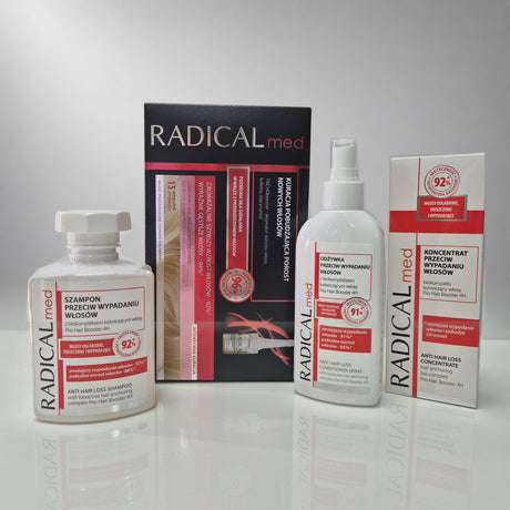 A hair loss treatment set by RADICALmed, including a white bottle of shampoo, a white bottle of minoxidil, and their black and red packaging boxes, displayed on a reflective white surface against a light gray background.