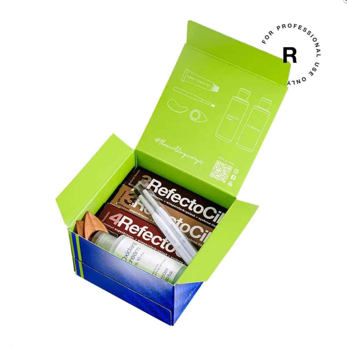Open RefectoCil Colours Starter Kit box showing tint tubes and application accessories