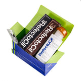 Open RefectoCil Colours Starter Mini Kit showing Pure Black and Natural Brown tint cartons, cream oxidant and mini brushes.