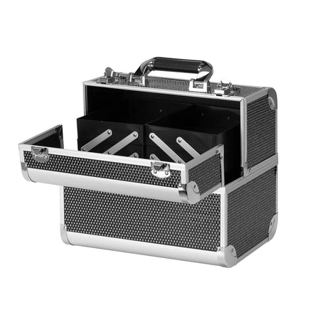 Roxie Cosmetics 44 Professional Cosmetic Case Black - open cosmetic case with divided storage compartments on a white background