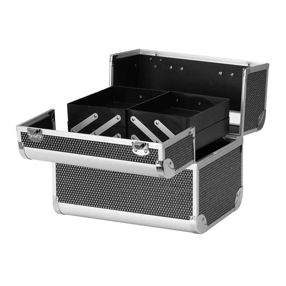 Roxie Cosmetics 44 Professional Cosmetic Case Black - open cosmetic case with divided storage compartments on a white background