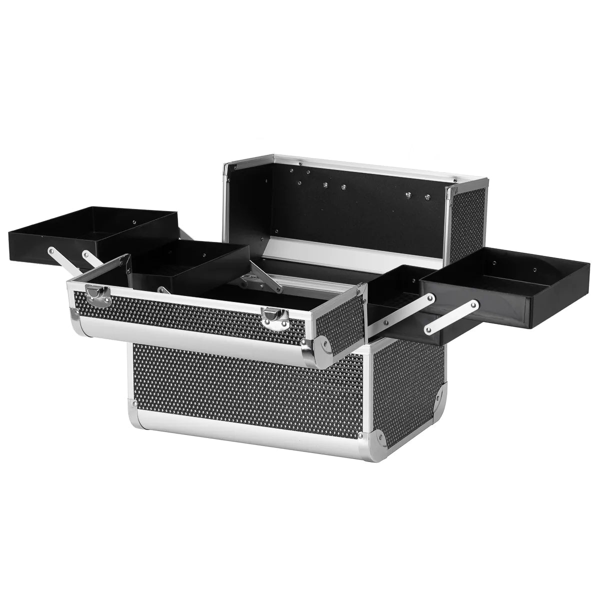 Roxie Cosmetics 44 Professional Cosmetic Case Black - open cosmetic case with divided storage compartments on a white background