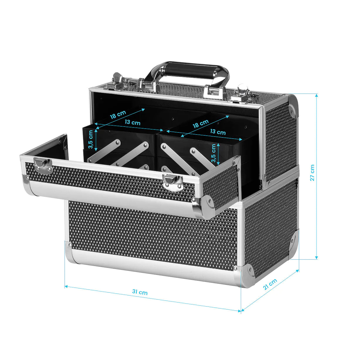 Roxie Cosmetics 44 Professional Cosmetic Case Black - open cosmetic case with divided storage compartments on a white background