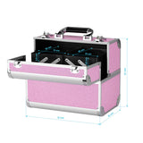 Roxie Cosmetics 44 Professional Cosmetic Case Pink - open cosmetic case with compartment dimensions shown