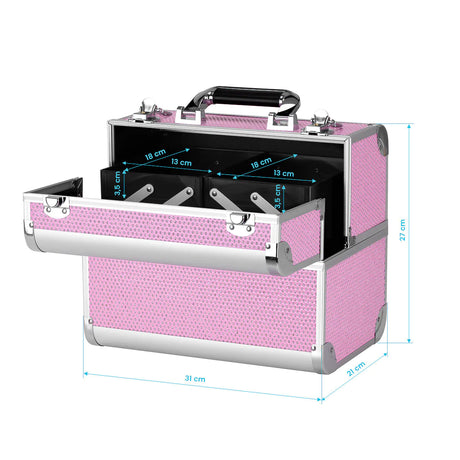 Roxie Cosmetics 44 Professional Cosmetic Case Pink - open cosmetic case with compartment dimensions shown