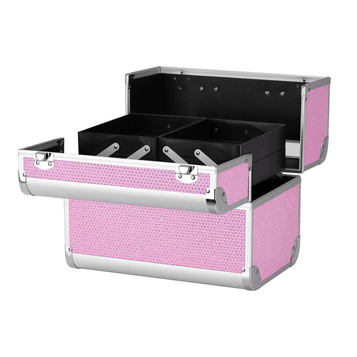 Roxie Cosmetics 44 Professional Cosmetic Case Pink - open cosmetic case with divided storage compartments on a white background