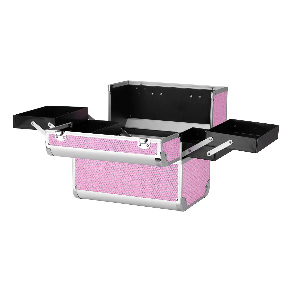Roxie Cosmetics 44 Professional Cosmetic Case Pink - open cosmetic case with divided storage compartments on a white background