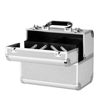 Roxie Cosmetics 44 Professional Cosmetic Case Silver - open cosmetic case with divided storage compartments on a white background