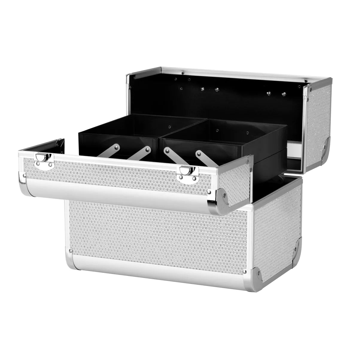 Roxie Cosmetics 44 Professional Cosmetic Case Silver - open cosmetic case with divided storage compartments on a white background