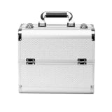 Roxie Cosmetics 44 Professional Cosmetic Case Silver - open cosmetic case with divided storage compartments on a white background