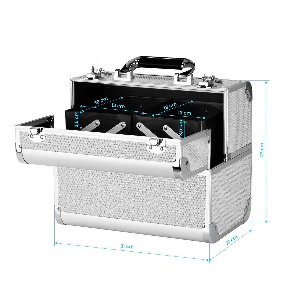 Roxie Cosmetics 44 Professional Cosmetic Case Silver - open cosmetic case with divided storage compartments on a white background