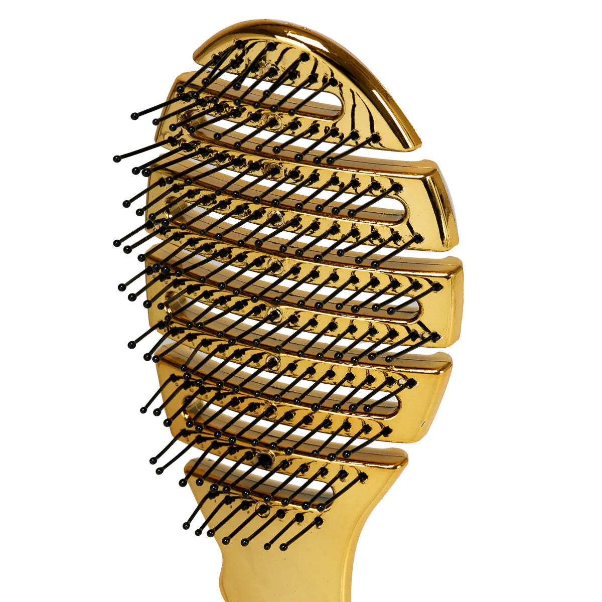 Close-up of the gold Roxie Collection Flexible Detangling Brush bristles, designed for gentle detangling and reduced hair breakage.