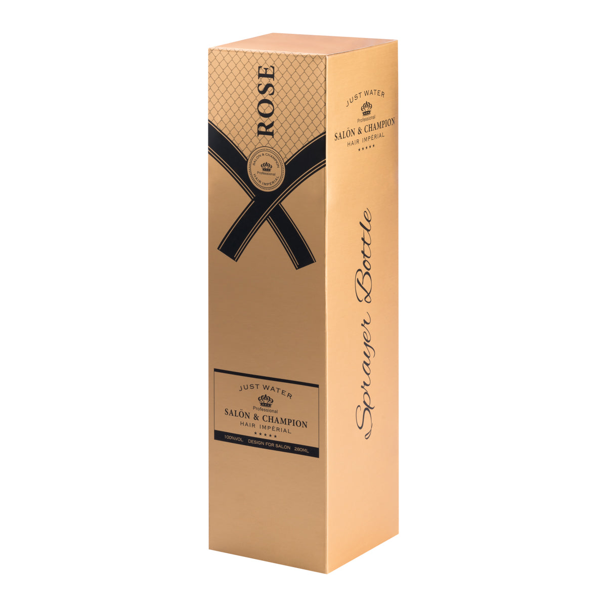 Roxie Cosmetics Hairdressing Sprayer Champagne Gold 350ml - round salon spray bottle and printed design on a white background