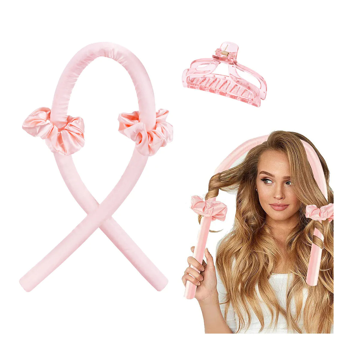 Roxie Cosmetics Heatless Curling Headband Kit Pink - arranged with the included components on a white background