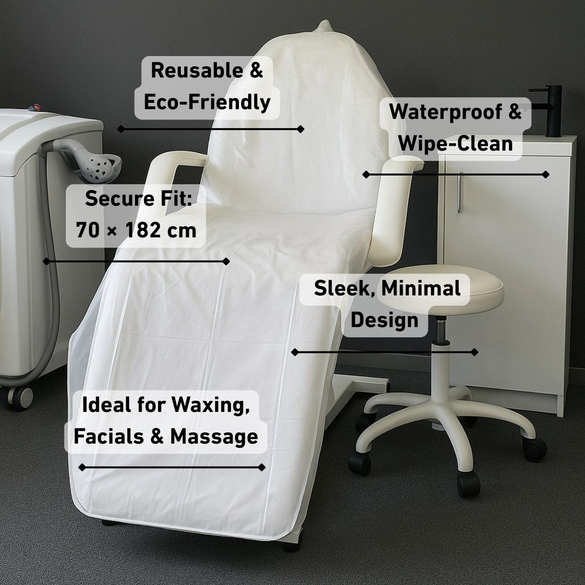 Roxie Cosmetics PVC Reusable Beauty Chair / Bed Cover With Tie Tapes - dimensions and measurements shown