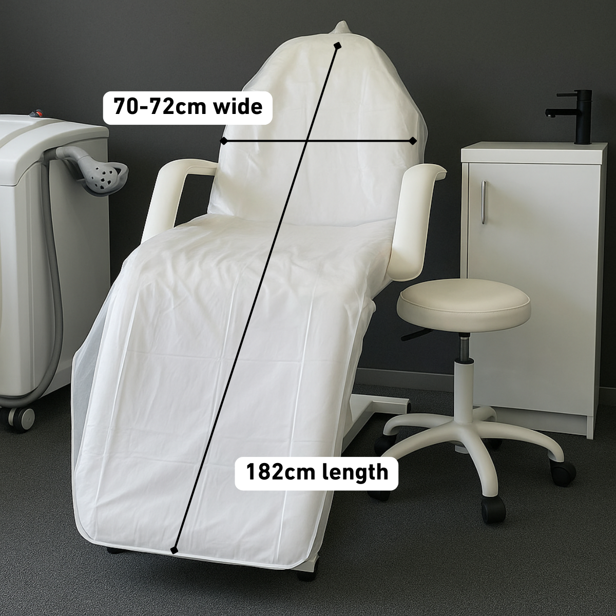 Roxie Cosmetics PVC Reusable Beauty Chair / Bed Cover With Tie Tapes - dimensions and measurements shown