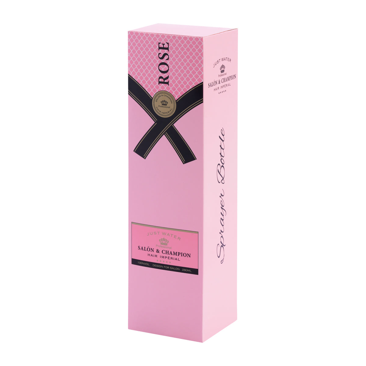 Roxie Cosmetics Styling Sprayer Champagne Pink 350ml - round salon spray bottle and printed design on a white background