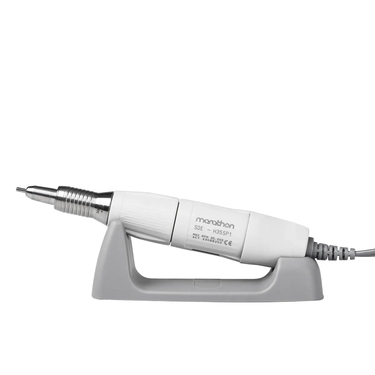 White Saeyang H35SP1 nail drill handpiece resting on its silicone stand