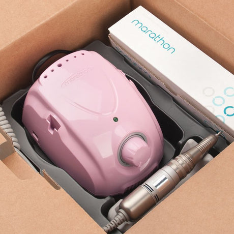Saeyang Marathon 3 Champion Nail Drill Machine Pink + H200 - nail drill and accessories shown inside the opened shipping box