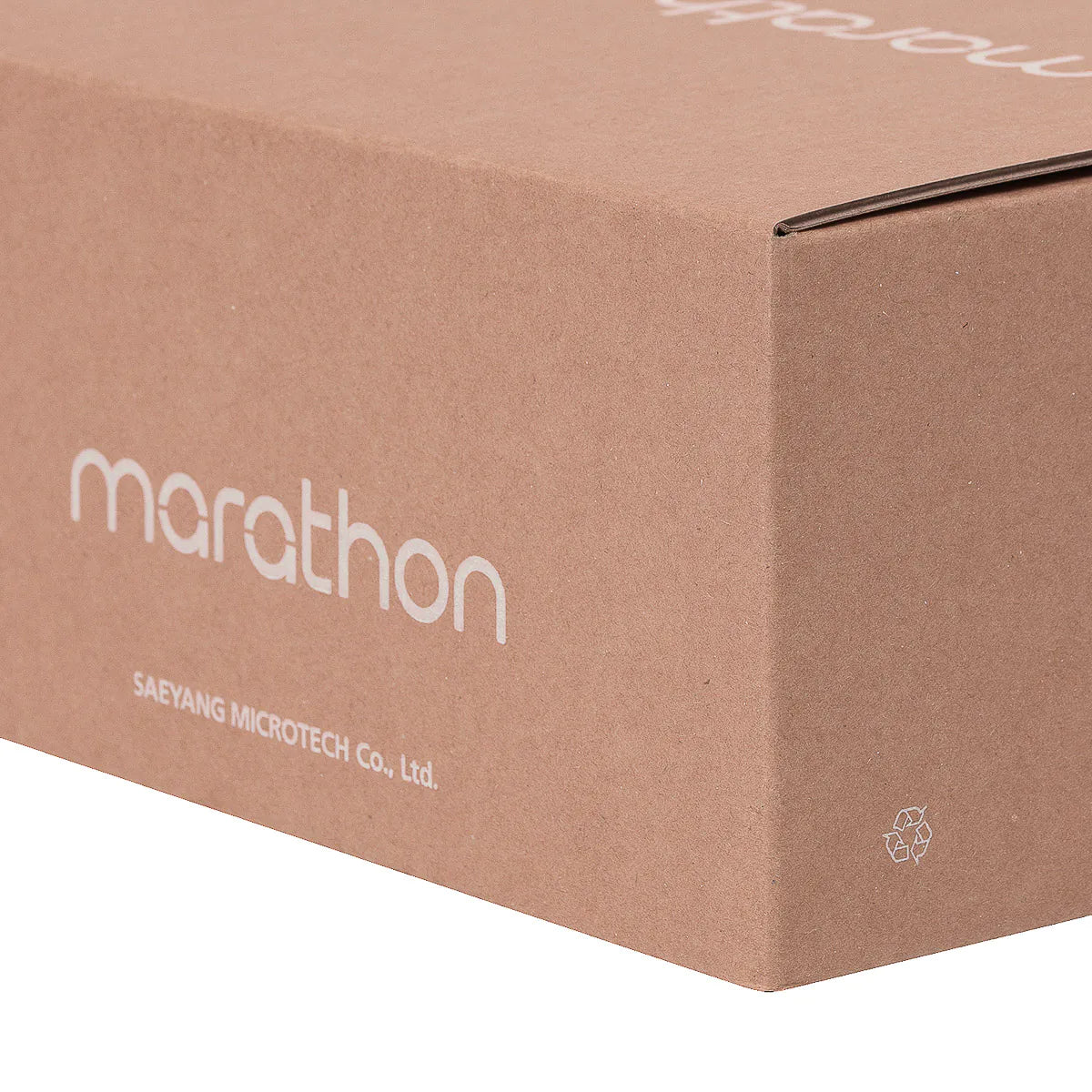 Close-up of the Marathon logo printed on the recyclable retail box