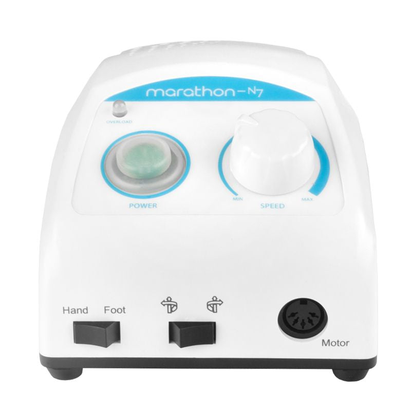Saeyang Marathon N7 Nail Drill With M40ES, ES6 & FS60 - nail drill with handpiece and accessories on a white background