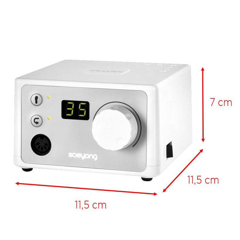 Saeyang Nail Drill Machine Marathon K35 Crafien White + SH30N - dimensions and measurements shown