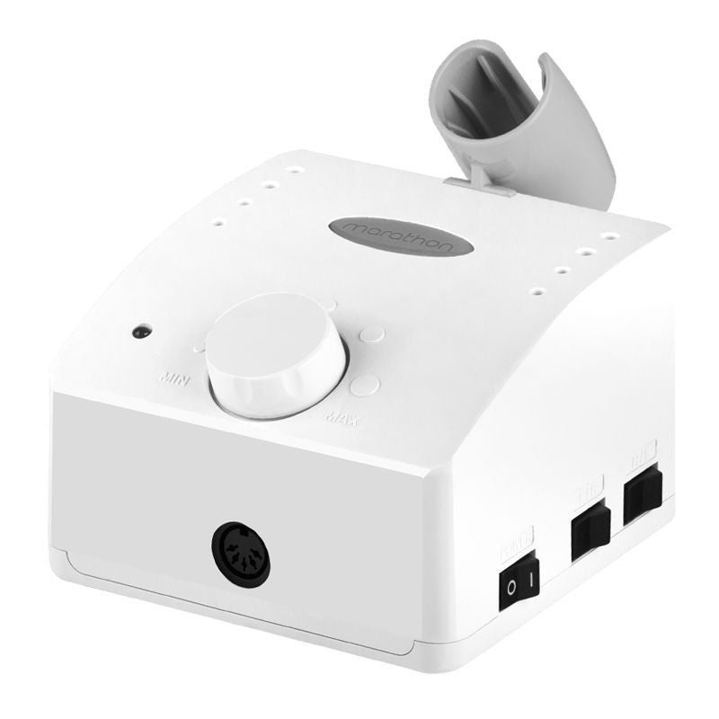 Saeyang Nail Drill Machine Marathon K35 Cube White + SH30N - nail drill with handpiece and accessories on a white background