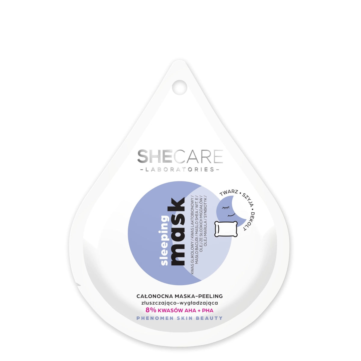 SHECARE Sleeping Mask All Night Mask - Peeling Exfoliating & Smoothing - open cosmetic jar with its lid on a white background