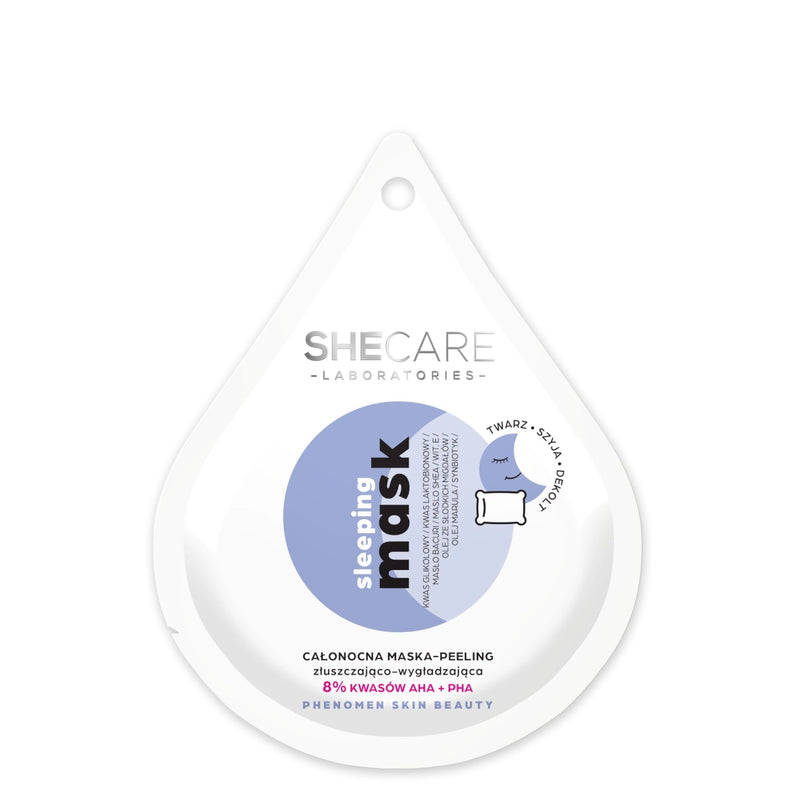 SHECARE Sleeping Mask All Night Mask - Peeling Exfoliating & Smoothing - open cosmetic jar with its lid on a white background