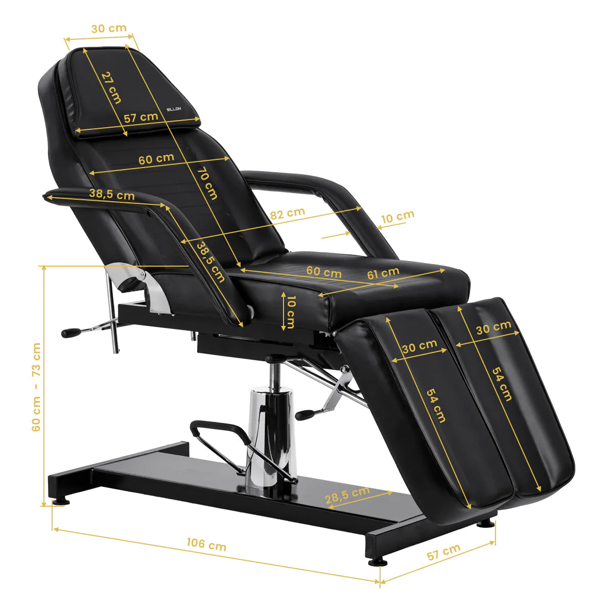 Sillon 210 Hydraulic Pedicure Bed With Rocking Function & Split Footrest Black - close-up of the upholstery and adjustment details