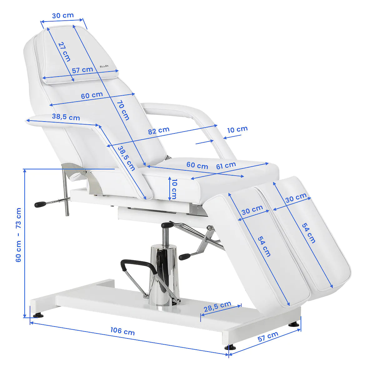 Sillon 210 Hydraulic Pedicure Bed With Rocking Function & Split Footrest White - dimensions and measurements shown