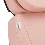 Close-up of the Sillon branding tag on the pink Electric Cosmetic Chair Classic, emphasizing quality and design.