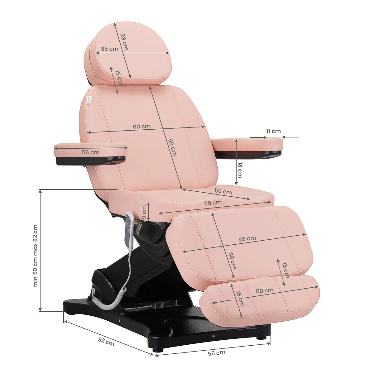 Sillon Classic 3-Motor Electric Beauty Bed Pink - dimensions